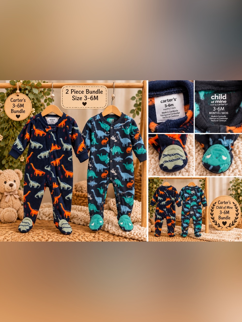 🦕 Carter’s Dinosaur Fleece Sleeper Bundle | 3–6M | 2 Piece